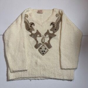 Vtg 80's Beldoch Popper Vintage Cream Knit Sweater Bold Applique Cottagecore EUC